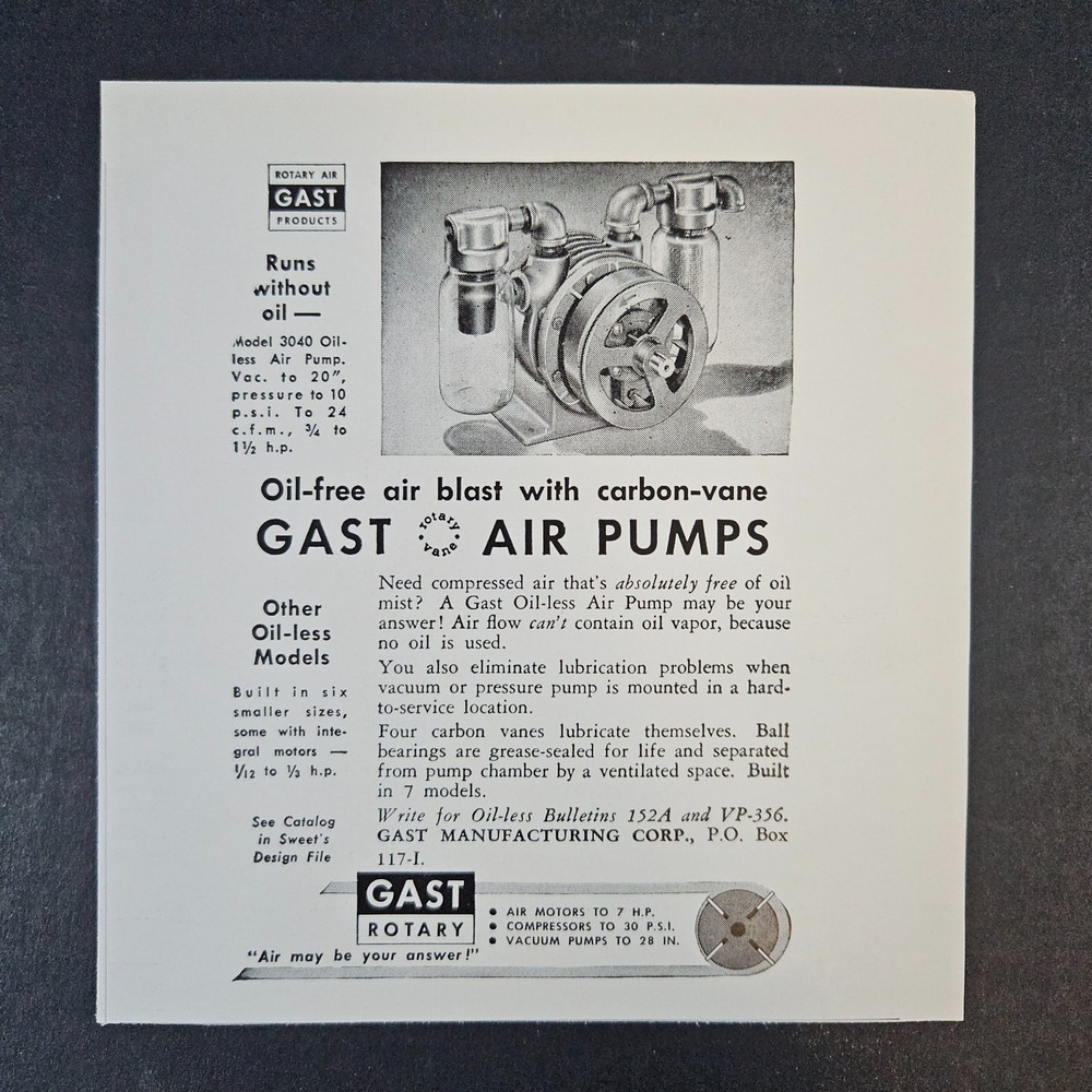 1958 Gast Rotary Air Pumps Oil-Less Vintage Print Ad Carbon-Vane Model 3040